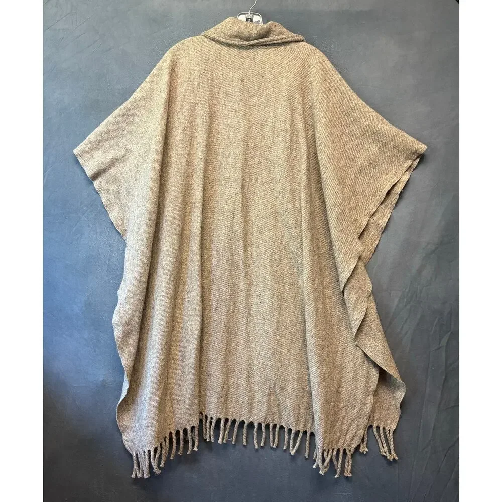 Vintage 1960s Wool Poncho Cape Coat Fringe Hem Tan Brown One Size Boho Western